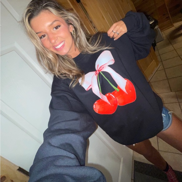 Pink Bow Red Cherry Black Crewneck Sweatshirt Women’s - Picture 3 of 3